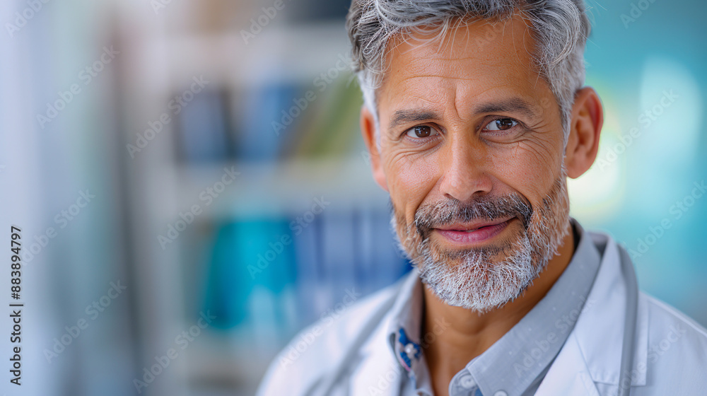 Confident middle age bearded male doctor with gray hair white lab coat in the clinic. Medicine, professional occupation, healthcare concept. Copy space. Confident middle age bearded male doctor with gray hair white lab coat in the clinic. Medicine, professional occupation, healthcare concept. Copy space.