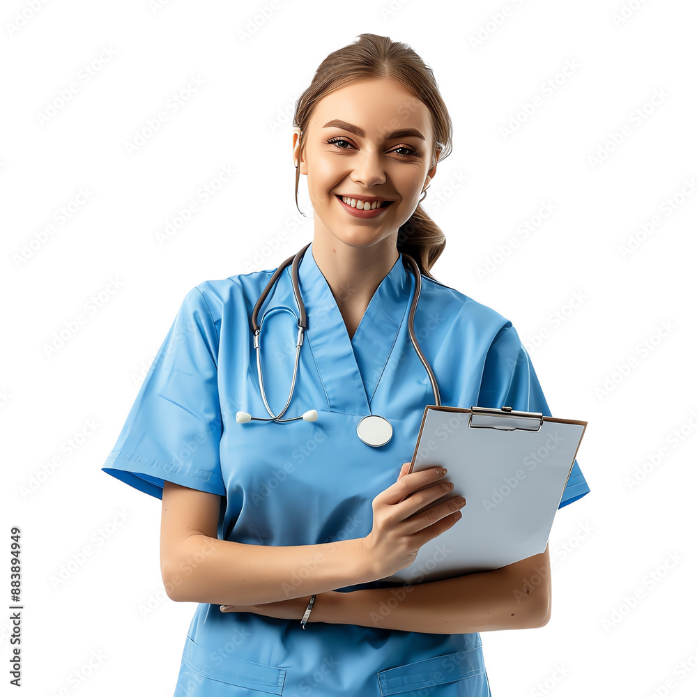 Smiling nurse in blue scrubs holding clipboard, isolated on white background, representing healthcare and medical profession. Smiling nurse in blue scrubs holding clipboard, isolated on white background, representing healthcare and medical profession.