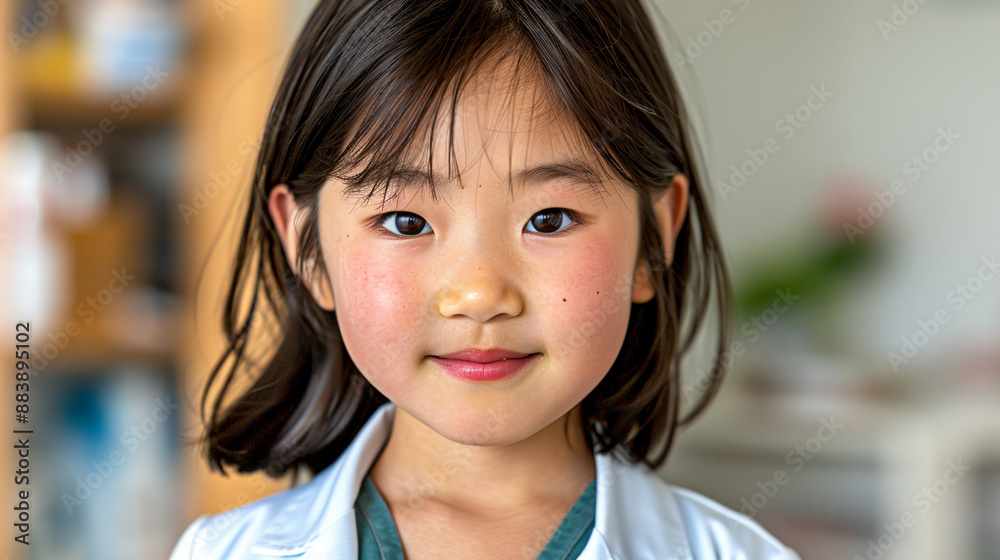 Smiling Asian Korean little girl with shot dark hair indoor. Smiling Asian Korean little girl with shot dark hair indoor.