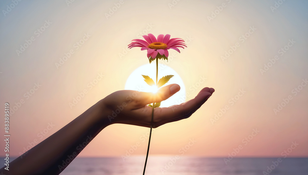 Closeup of hand holding beautiful flower at sunset, sun and sky background, love and romance, nature template, copy space area,