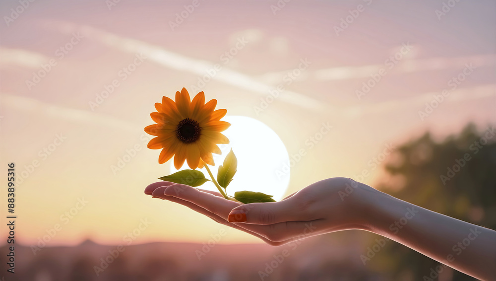Closeup of hand holding beautiful flower at sunset, sun and sky background, love and romance, nature template, copy space area,