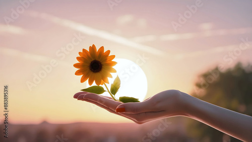Obraz na płótnie Closeup of hand holding beautiful flower at sunset, sun and sky background, love and romance, nature template, copy space area, w salonie