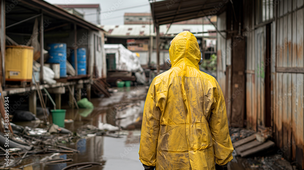A Person in Hazmat Suit Walks Through a Flooded Industrial Area A Person in Hazmat Suit Walks Through a Flooded Industrial Area