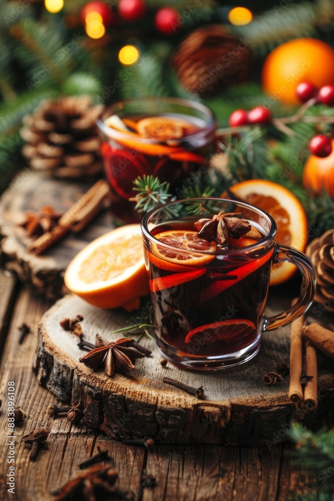 Close-up of Christmas mulled red wine, beautifully arranged with aromatic spices and citrus fruits on a rustic wooden table. Close-up of Christmas mulled red wine, beautifully arranged with aromatic spices and citrus fruits on a rustic wooden table.