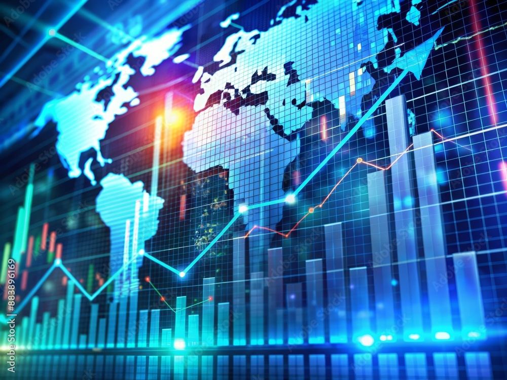 Business graph displaying upward economic trend on futuristic digital screen amidst futuristic financial charts and banking technology displays, symbolizing strategic investment and growth. Business graph displaying upward economic trend on futuristic digital screen amidst futuristic financial charts and banking technology displays, symbolizing strategic investment and growth.