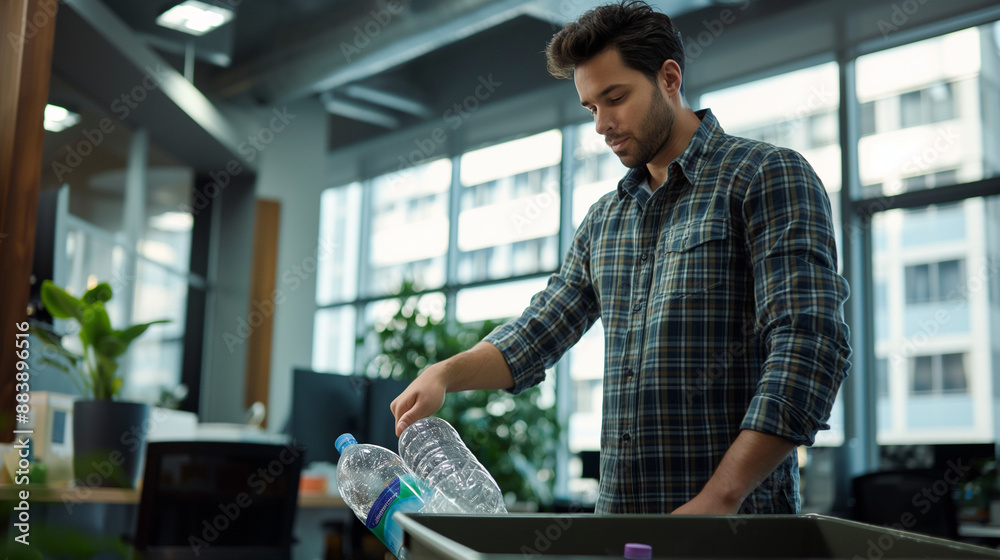 Man Recycling Plastic Bottles in Modern Office Man Recycling Plastic Bottles in Modern Office