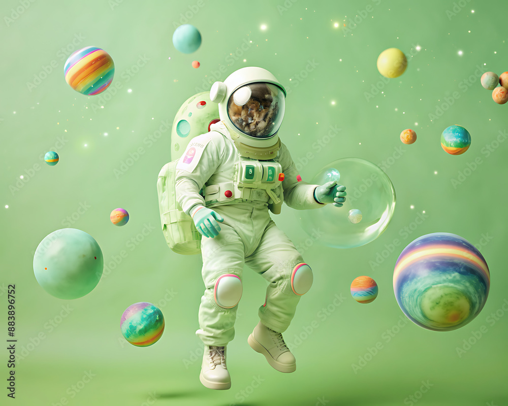 Naklejka premium painting of an astronaut in in a colorful bubbles galaxy on a different planet splash. Generative AI.