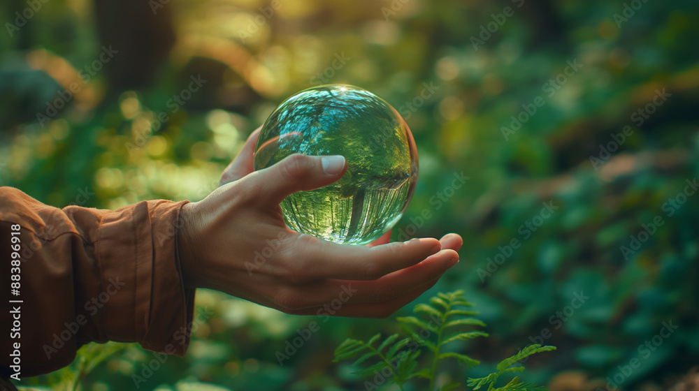 Person Holding Glass Sphere Reflecting Forest During Daytime