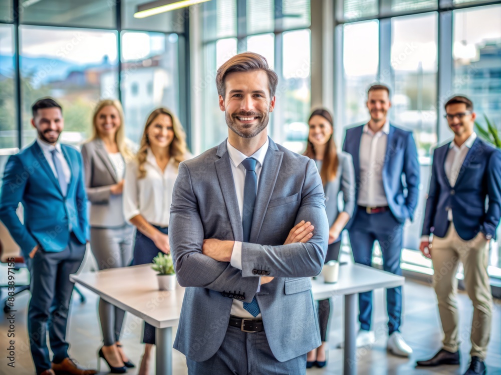 Successful entrepreneur stands confidently in office, beaming smile, surrounded by blurred colleagues and employees engaged in work, conveying leadership and workplace harmony. Successful entrepreneur stands confidently in office, beaming smile, surrounded by blurred colleagues and employees engaged in work, conveying leadership and workplace harmony.