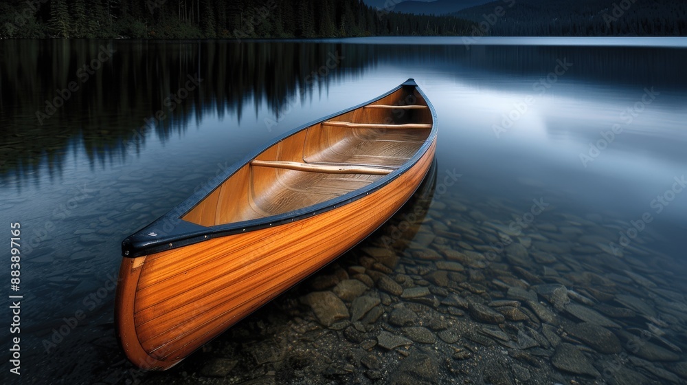 A wooden canoe docked by a lakeside A wooden canoe docked by a lakeside