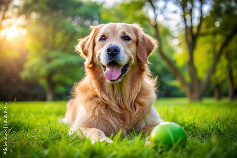 A happy golden retriever lies on a lush green lawn, focusing on its prized rubber ball, surrounded by natural beauty, embodying joy and playfulness in the great outdoors. A happy golden retriever lies on a lush green lawn, focusing on its prized rubber ball, surrounded by natural beauty, embodying joy and playfulness in the great outdoors.