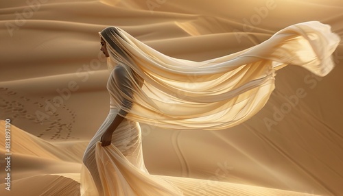 Enigmatic woman with veil in desert oasis   lady of the dunes, mysterious and captivating photo