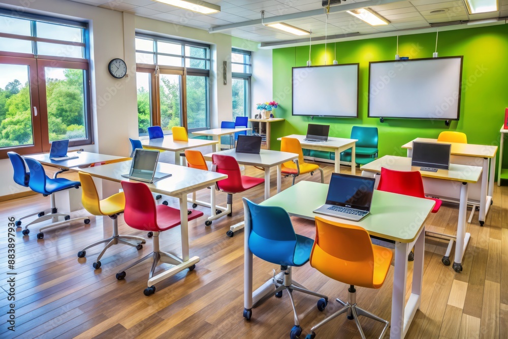 Colorful classroom with interactive whiteboards and a digital tablet on a desk, surrounded by empty chairs, conveying a sense of innovation and learning. Colorful classroom with interactive whiteboards and a digital tablet on a desk, surrounded by empty chairs, conveying a sense of innovation and learning.