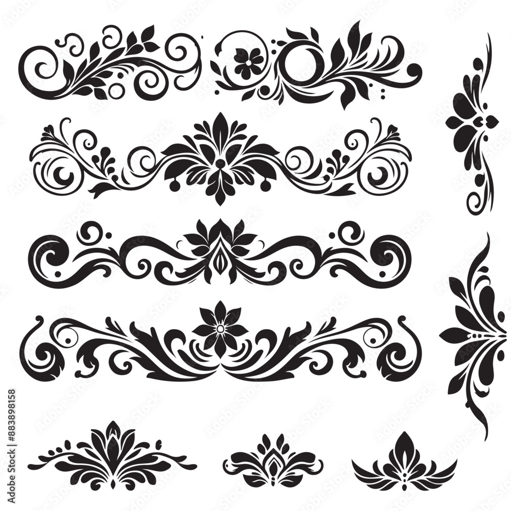 set of elements frame with floral ornament black silhouette vector set of elements frame with floral ornament black silhouette vector