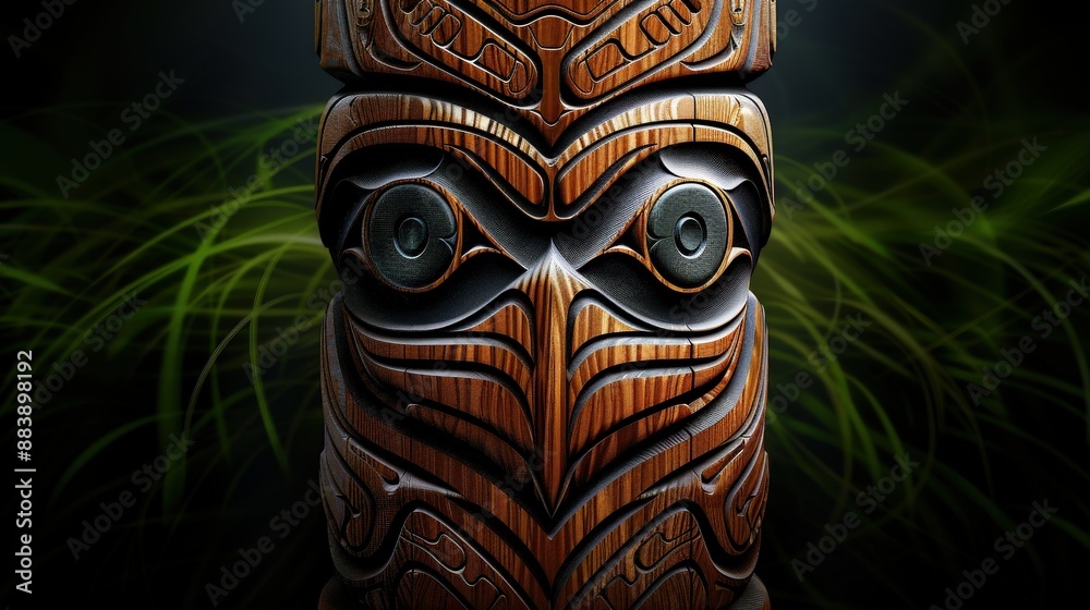 A wooden totem pole with intricate carvings A wooden totem pole with intricate carvings