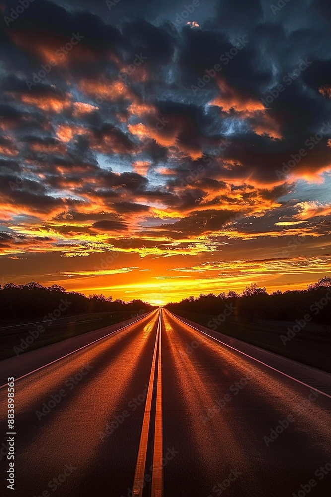 Open road leading into a dramatic sunset, symbolizing journey and adventure, ideal for travel and freedom concepts. Open road leading into a dramatic sunset, symbolizing journey and adventure, ideal for travel and freedom concepts.