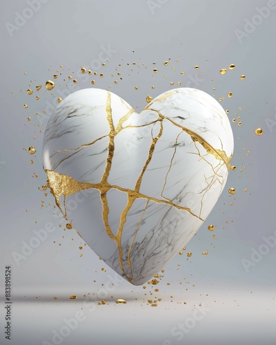 A white marble heart with golden cracks, symbolizing the beauty in imperfection, surrounded by golden splashes in a minimalistic and elegant artistic style. Creative love and passion concept.