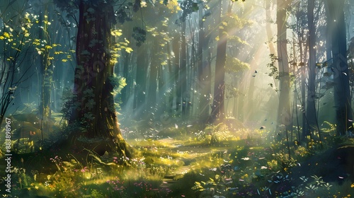 Enchanting forest clearing with dappled sunlight filtering through dense trees, creating a serene and magical ambiance. 