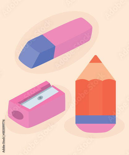 Cute Illustration With Set at Pencil Sharpeners and
Eraser,Pencil