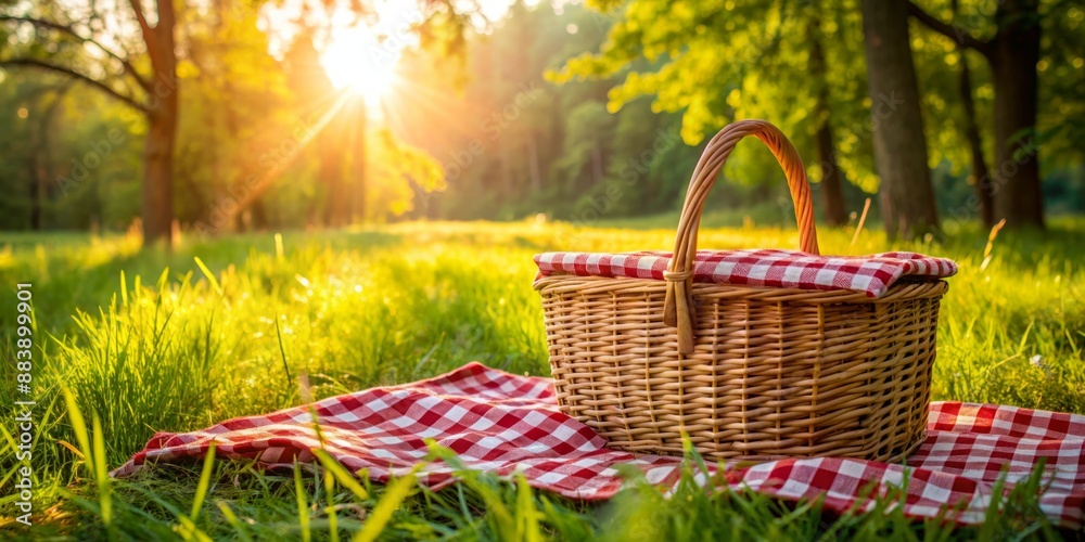 Rustic wicker picnic basket adorned with red and white checkered cloth sits serenely in a lush green meadow bathed in warm dappled sunlight. Rustic wicker picnic basket adorned with red and white checkered cloth sits serenely in a lush green meadow bathed in warm dappled sunlight.