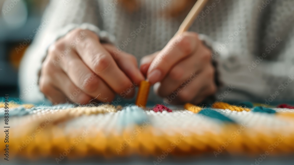 Obraz premium Close-up view of a person's hands engaged in a crochet project, using colorful yarn. The image highlights the detailed craftsmanship and focus required in creating the yarn art.