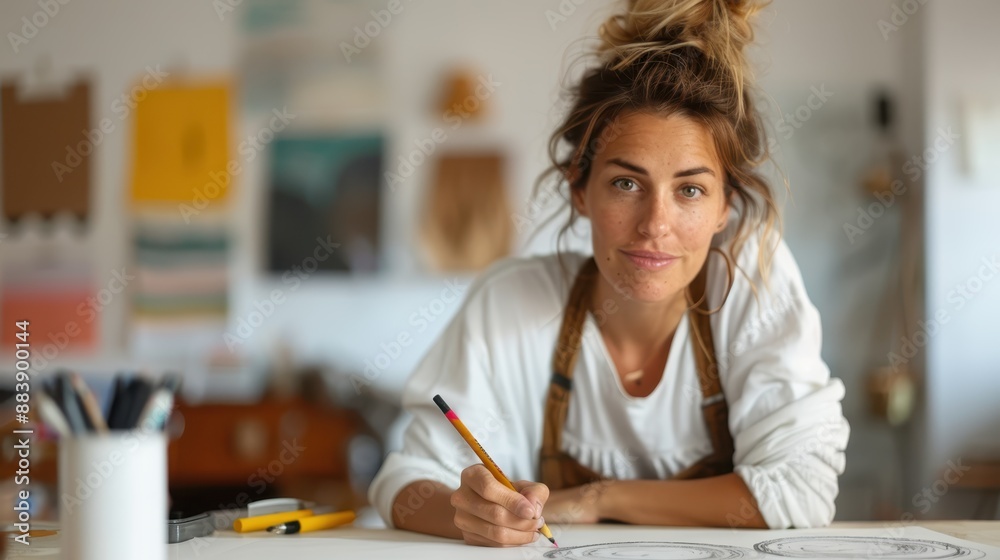 A focused woman sketching at her desk surrounded by various art tools and decor, deeply immersed in her work and showcasing her artistic skill and dedication to her craft. A focused woman sketching at her desk surrounded by various art tools and decor, deeply immersed in her work and showcasing her artistic skill and dedication to her craft.