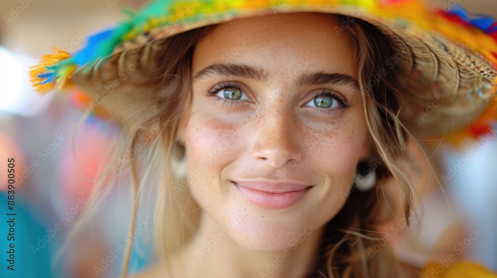 A close-up portrait of a young woman wearing a colorful hat, radiates joy and excitement, as she stands against a lively and vibrant background, emphasizing her sparkling eyes. A close-up portrait of a young woman wearing a colorful hat, radiates joy and excitement, as she stands against a lively and vibrant background, emphasizing her sparkling eyes.