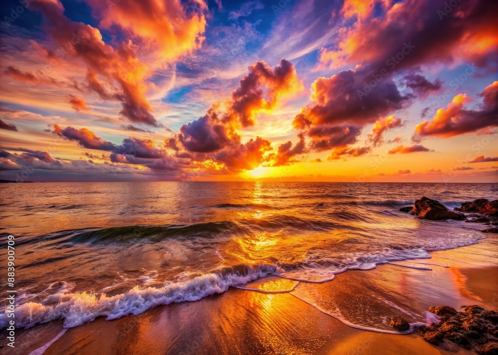 Golden hour serenity: tranquil ocean waves gently lap at the shore as vibrant orange and pink hues dance across the sky at sunset.