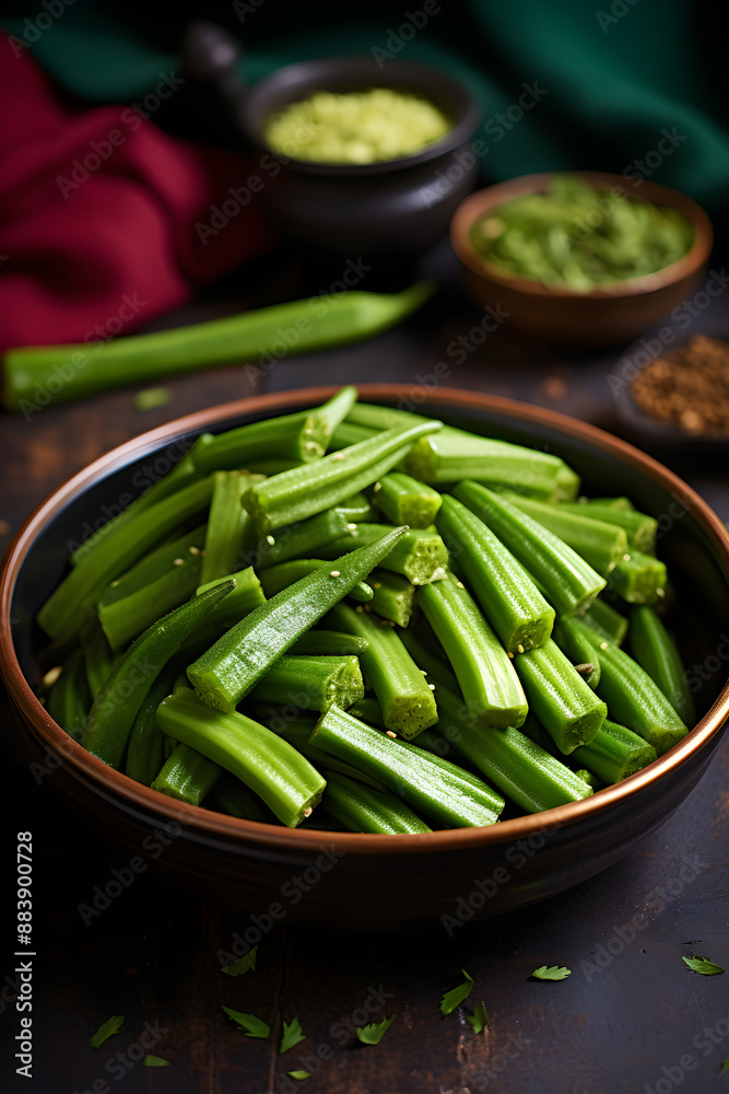 Fresh Harvest: A Beautiful Display of Vibrant and Glossy Okra (Bhindi) vegetables on a Rustic wooden Background Fresh Harvest: A Beautiful Display of Vibrant and Glossy Okra (Bhindi) vegetables on a Rustic wooden Background