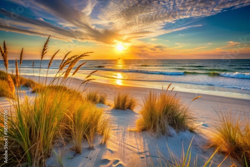 Warm golden light illuminates a serene beach scene at sunset, with gentle waves and sparse beach grass, inviting a sense of peaceful family moments. photo