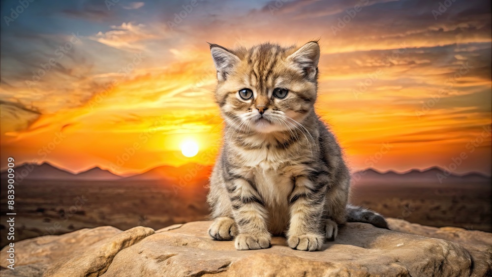 Obraz premium Grumpy kitten sitting on a rock with desert sunset background, kitten, grumpy, rock, desert, sunset, backdrop, breathtaking, adorable