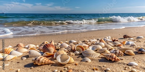 Seashell scattered on sandy beach with soft waves in the background, seashells, beach, sand, waves, ocean, shells