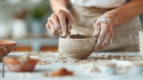 A focused potter's hands shaping a clay bowl on a worktable covered with clay remnants, showcasing the intricate process of pottery crafting in a studio setting. photo