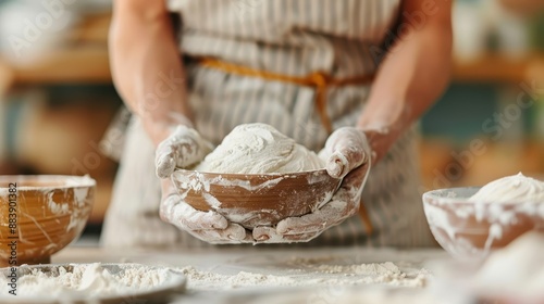 A baker, with flour-covered hands, presents a wooden bowl filled with dough ready for baking, wearing an apron in a warm and inviting kitchen environment. photo