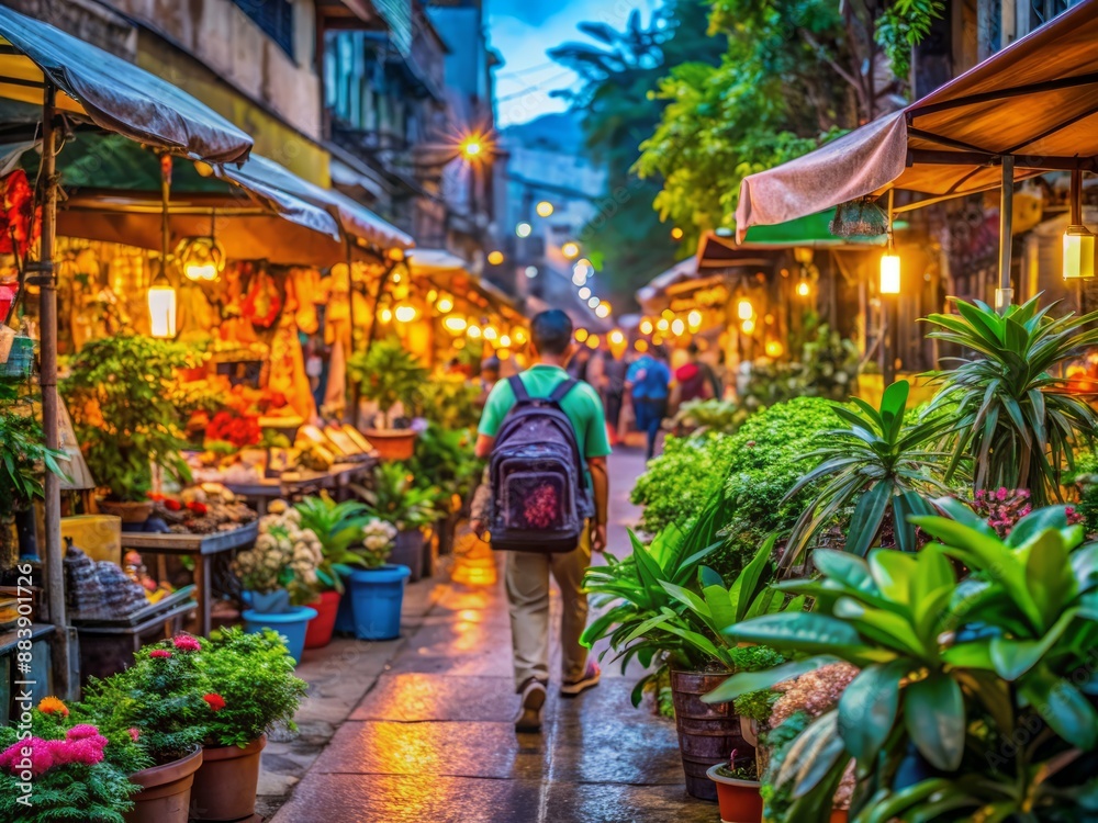 Obraz premium Vibrant outdoor market scene in Khaosan Road Bangkok, colorful stalls, neon lights, street food, and tropical plants surrounding a worn travel backpack.