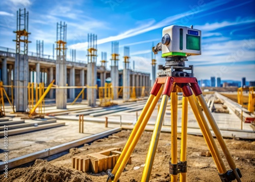 Laser levelling measurement equipment stands alone on a construction site, surrounded by tripods and tools, conveying precision and innovation in civil engineering projects.