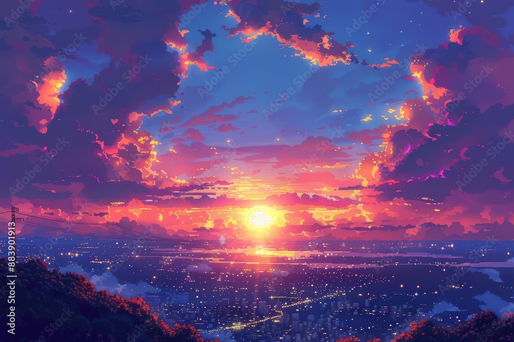Stunning sunset view above a cityscape with vibrant colors and dramatic clouds, casting a serene and beautiful atmosphere. Stunning sunset view above a cityscape with vibrant colors and dramatic clouds, casting a serene and beautiful atmosphere.