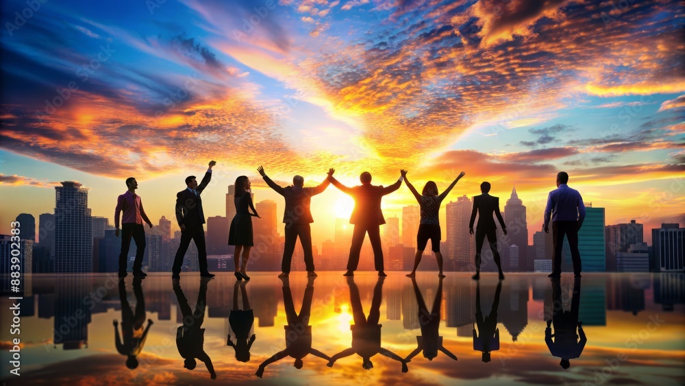 Fototapeta premium Silhouetted urban landscape at sunset, featuring a unified group absent in the frame, evoking teamwork, success, and harmony amidst an illuminated city's vibrant backdrop.