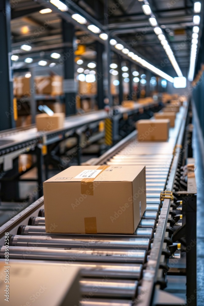 A scene in an automated warehouse showing a conveyor system transporting cardboard parcels. A scene in an automated warehouse showing a conveyor system transporting cardboard parcels.