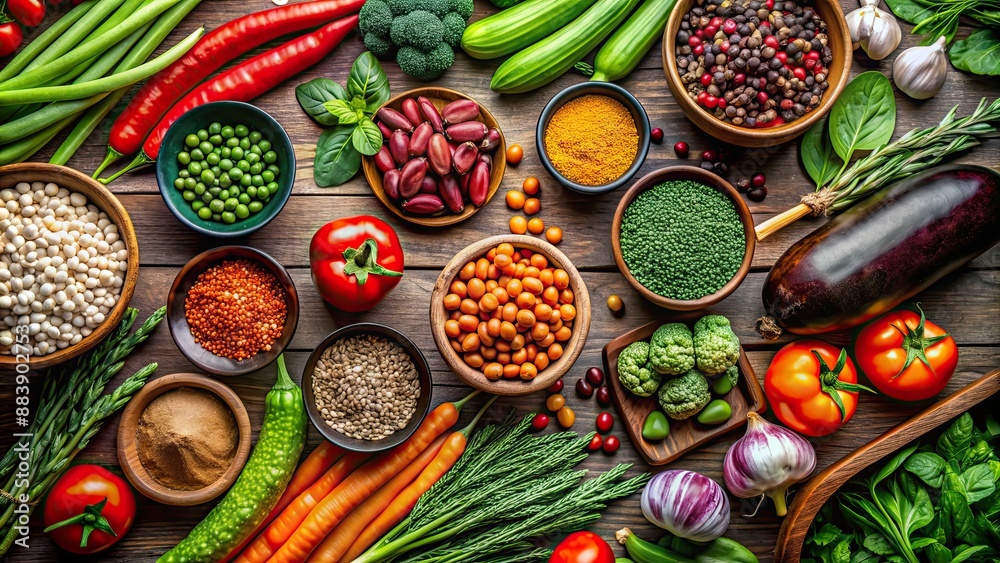 Flat lay composition of healthy organic food including fresh vegetables and legumes , knolling, healthy, natural, organic Flat lay composition of healthy organic food including fresh vegetables and legumes , knolling, healthy, natural, organic