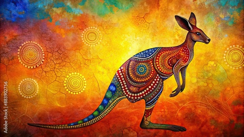 Aboriginal art inspired of a kangaroo in vibrant colors on a textured background, aborigines, art, Australia, kangaroo photo