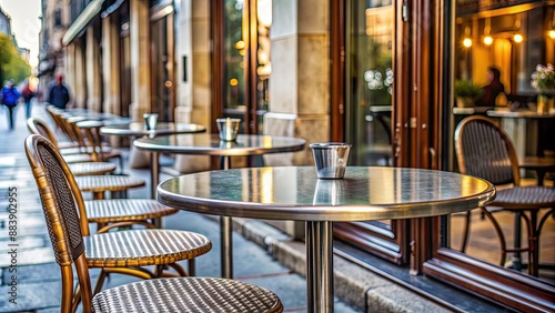 Minimalist metal table outside a Parisian cafe , Paris, street, outdoor, urban, city, modern, design, furniture, sidewalk, metal © Sujid