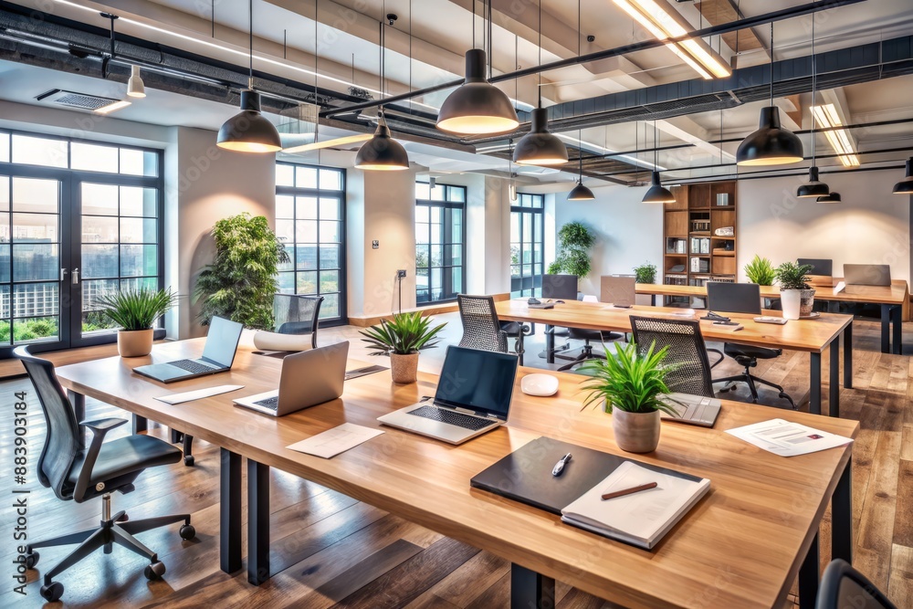 Modern office interior with empty desks, laptops, and scattered papers, conveying a sense of collaboration and teamwork on a innovative business project. Modern office interior with empty desks, laptops, and scattered papers, conveying a sense of collaboration and teamwork on a innovative business project.