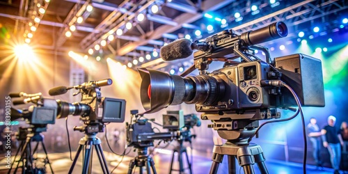 Professional TV camera equipment setup at event, capturing high-quality footage, with multiple lenses, microphones, and cables, under bright stage lighting.