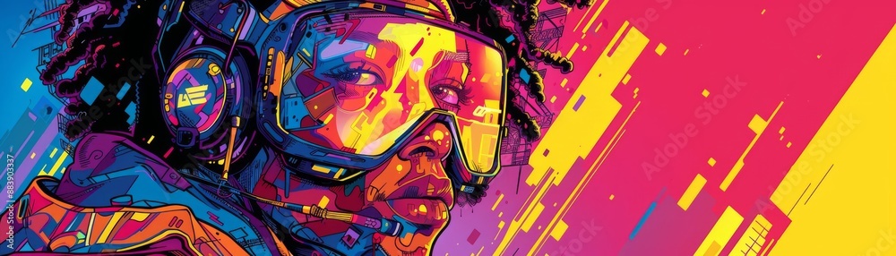 Vibrant digital art of a person wearing goggles, with abstract colors and brush strokes creating a dynamic and energetic composition. Vibrant digital art of a person wearing goggles, with abstract colors and brush strokes creating a dynamic and energetic composition.