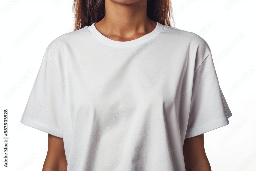 Woman wearing oversized white t-shirt mockup, front view with isolated background