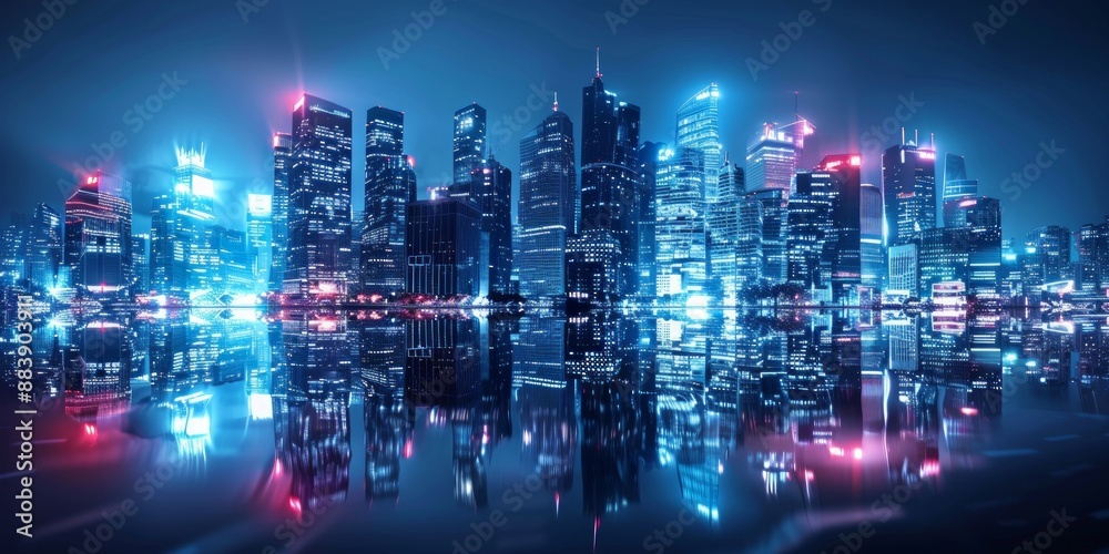 Nighttime View of a Cityscape with Reflected Lights