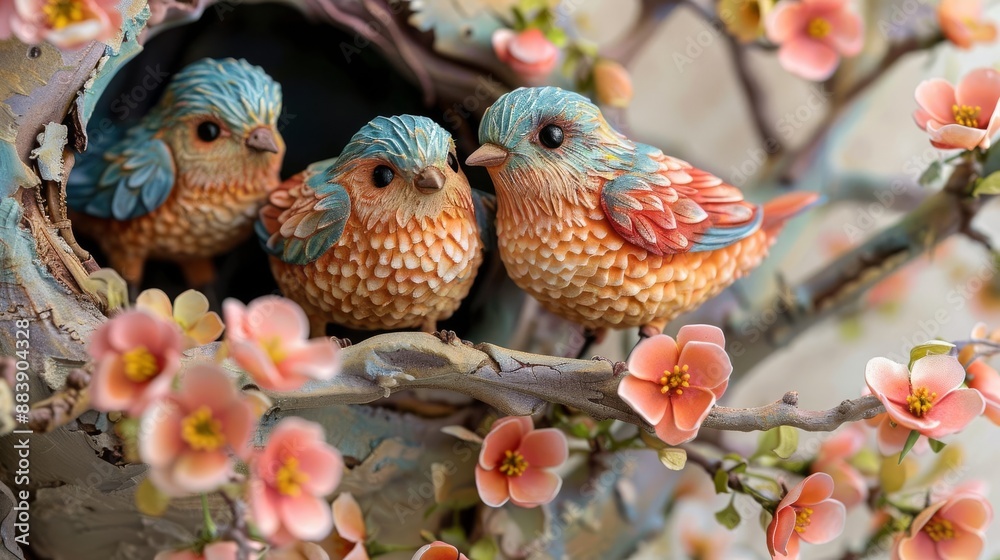 Naklejka premium Close-up of three colorful bird figurines perched on a branch with pink blossoms, creating a charming spring scene.