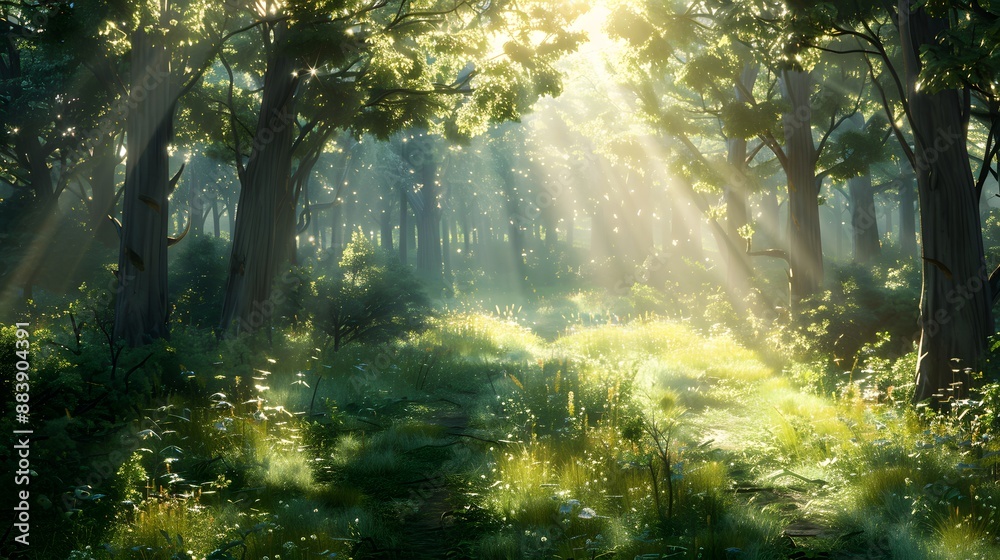 Fototapeta premium Enchanting forest clearing with dappled sunlight filtering through dense trees, creating a serene and magical ambiance. 