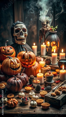 Creepy Halloween Still Life with Pumpkins Skull and Candles photo